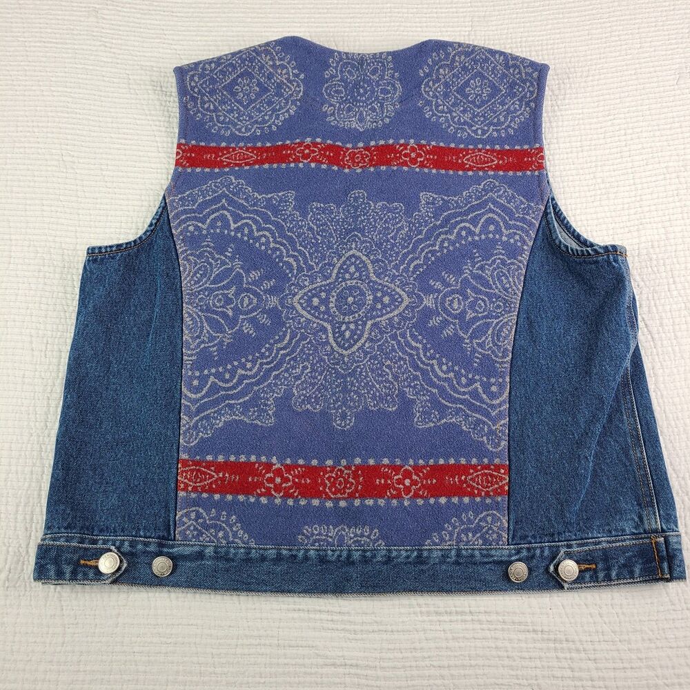 Vintage Pendleton Womens L Wool Denim Vest Button Blue Red Sz Large Bandanna Prt